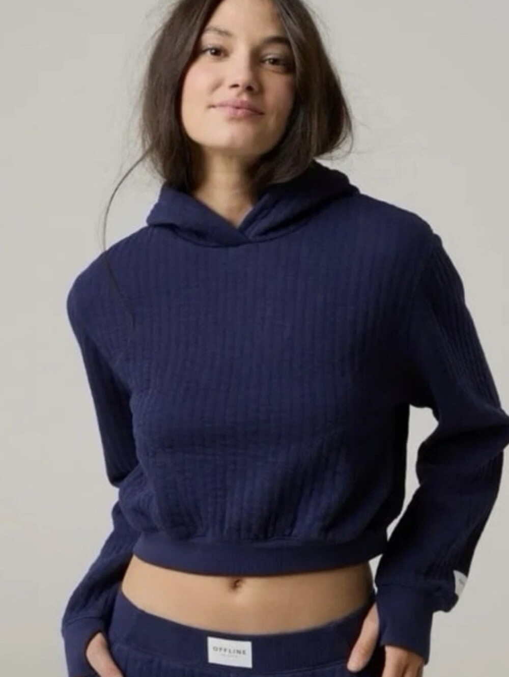Offline By Aerie Navy Blue Coffee Run Hoodie Sweatshirt Cropped Size Medium
